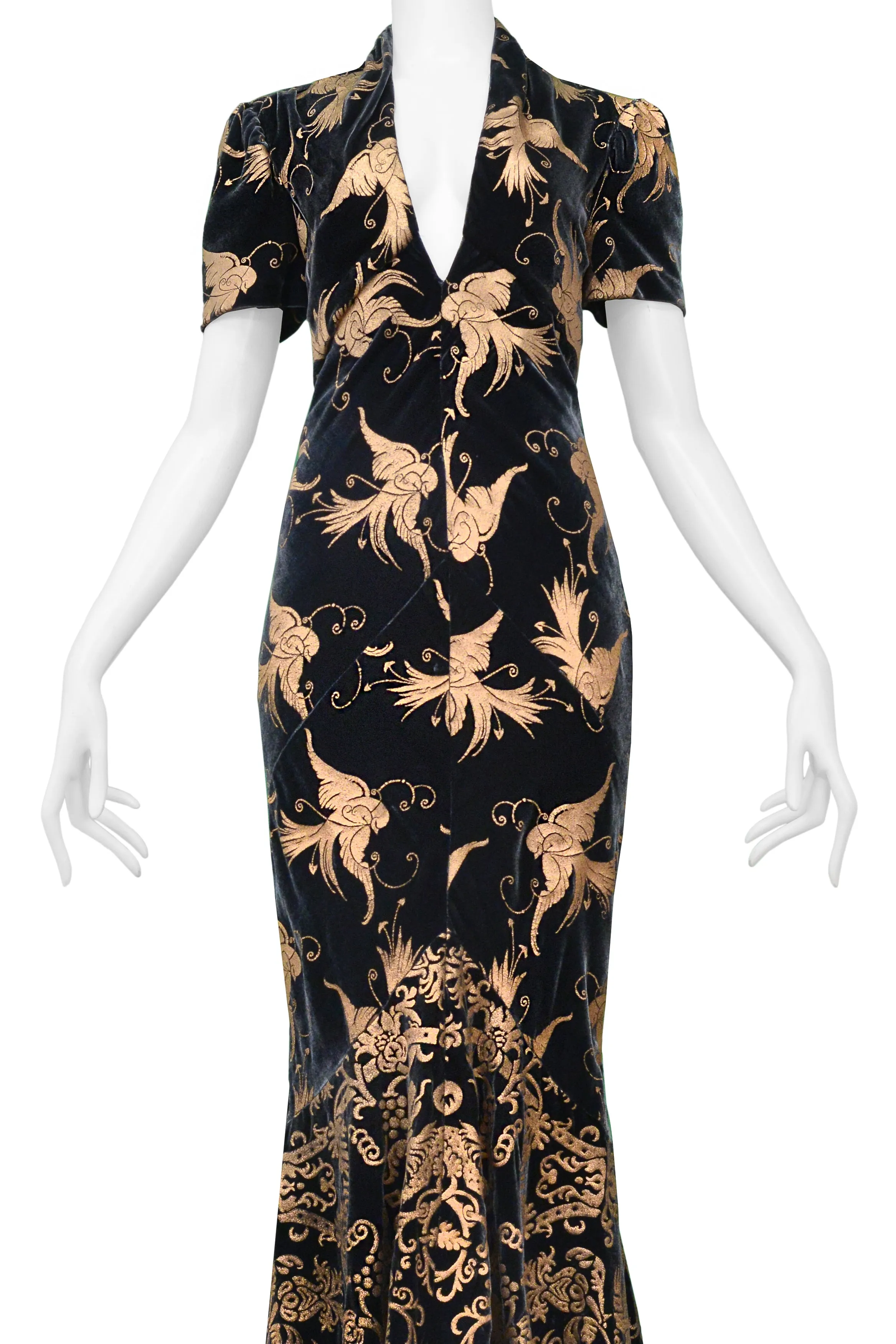 ROBERTO CAVALLI GREEN VELVET GOWN WITH GOLD BIRD PRINT 2006