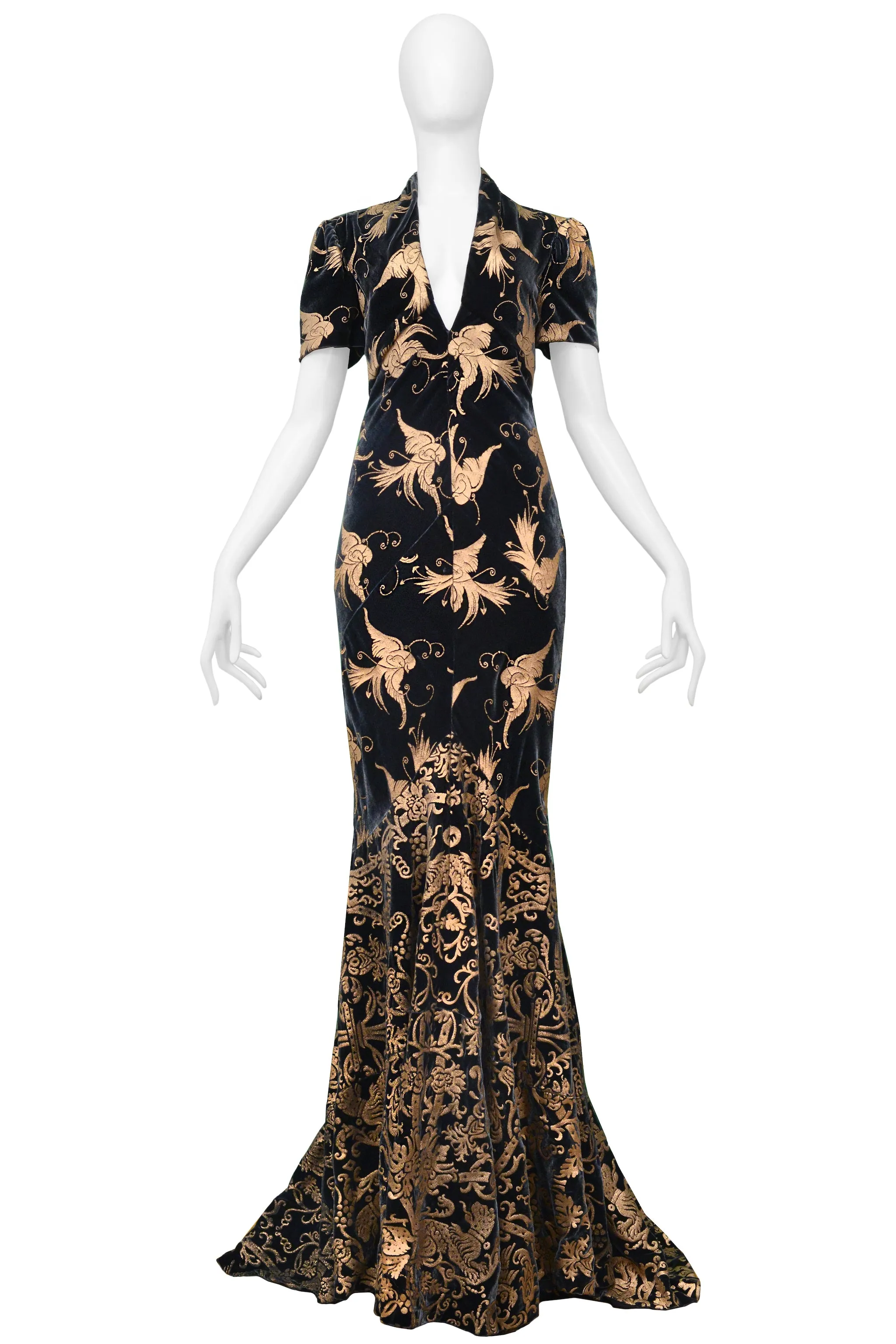 ROBERTO CAVALLI GREEN VELVET GOWN WITH GOLD BIRD PRINT 2006