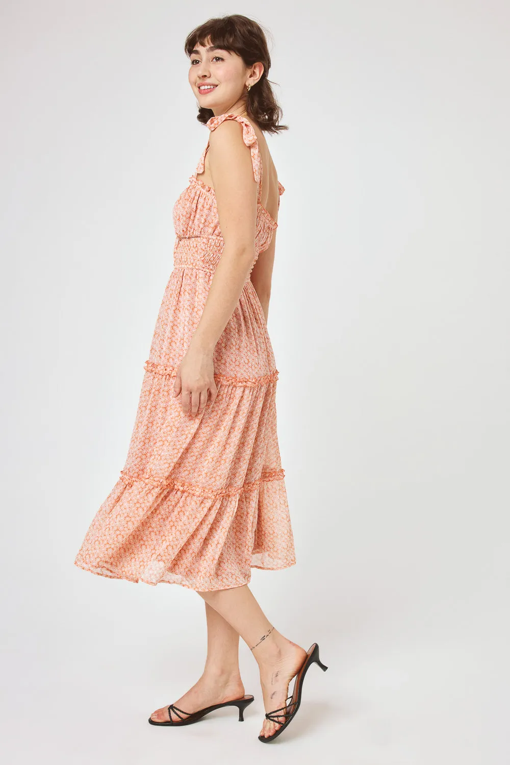 Rust Floral Tie Shoulder Midi Chiffon Dress