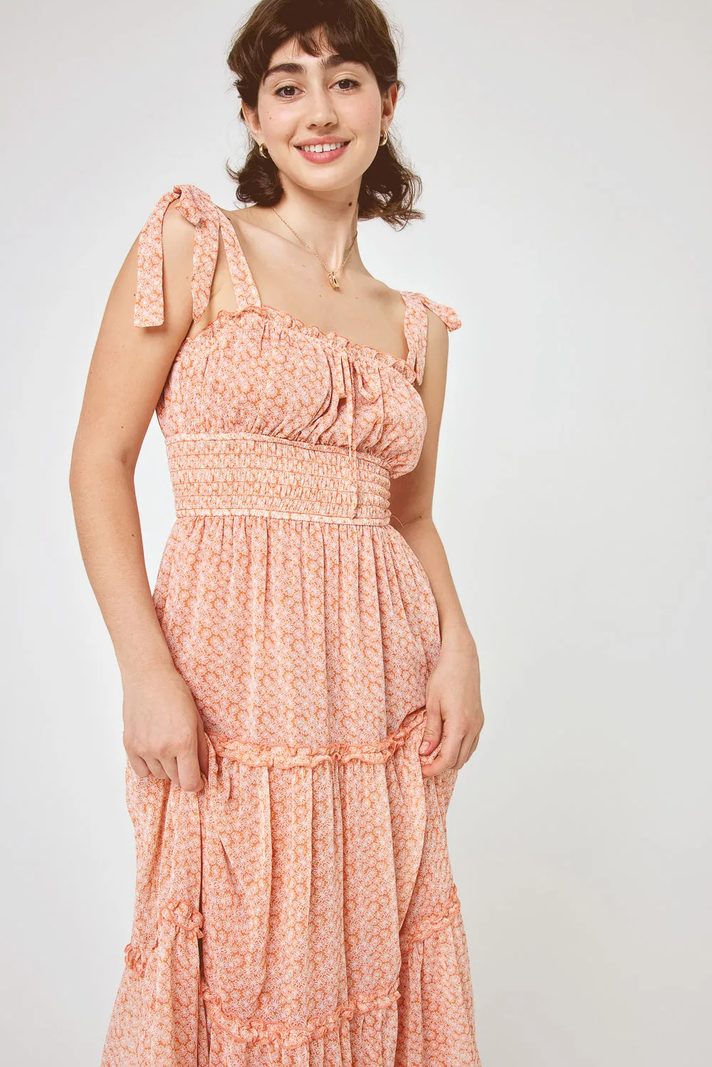 Rust Floral Tie Shoulder Midi Chiffon Dress