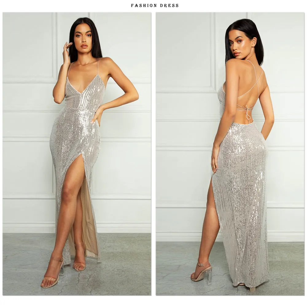 Sexy V Neck Lace Up Sequined Cocktail Party Dress Backless Split Leg Sleeveless Summer Long Dresses Evening Wedding Gown