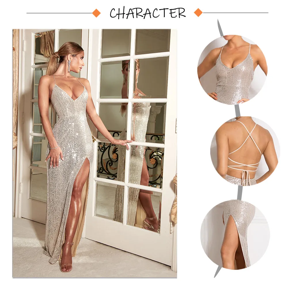 Sexy V Neck Lace Up Sequined Cocktail Party Dress Backless Split Leg Sleeveless Summer Long Dresses Evening Wedding Gown