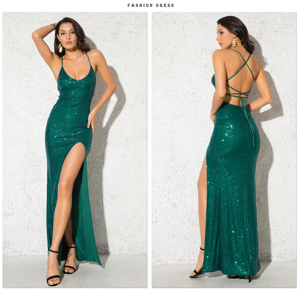 Sexy V Neck Lace Up Sequined Cocktail Party Dress Backless Split Leg Sleeveless Summer Long Dresses Evening Wedding Gown