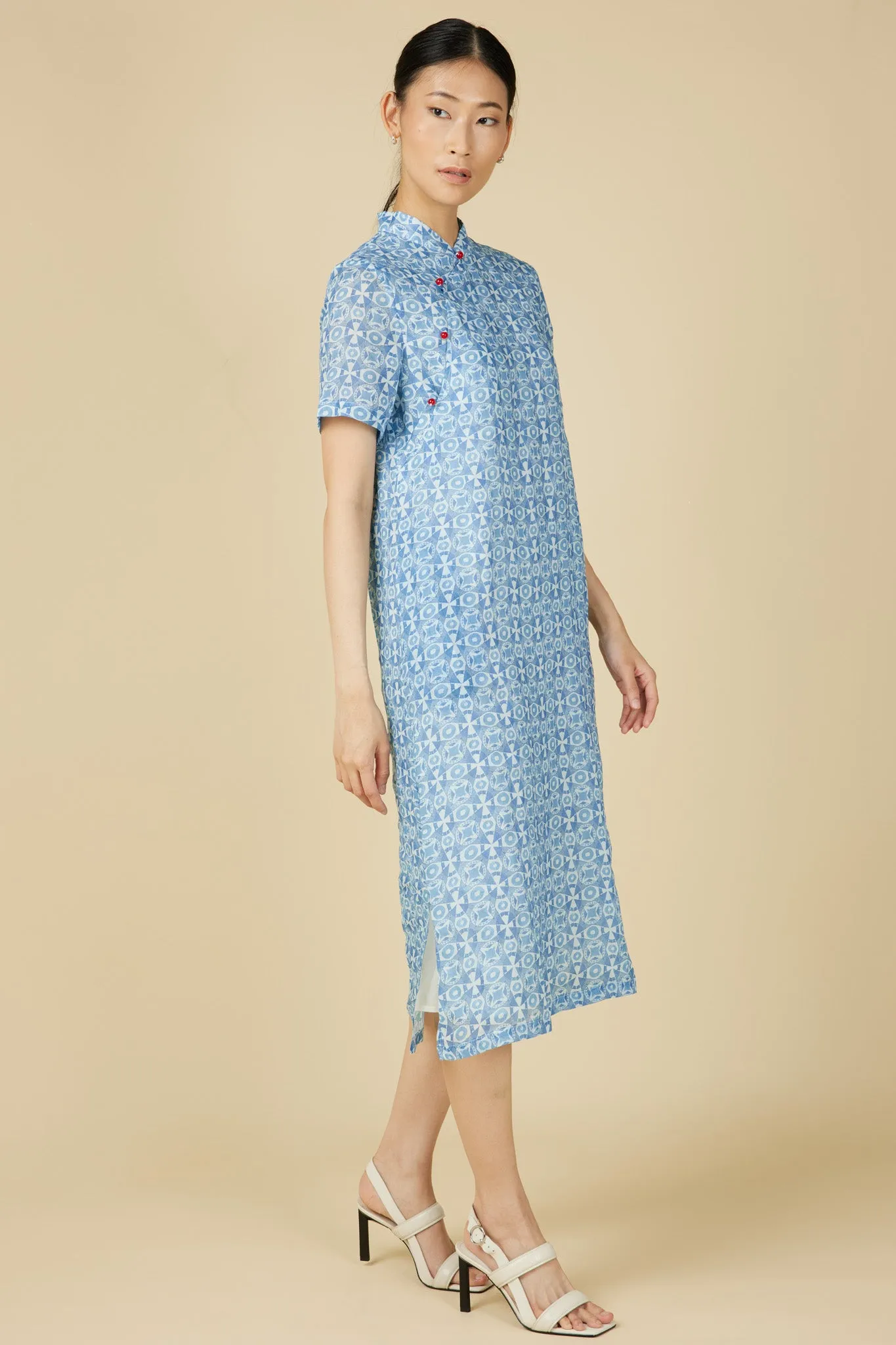 Short Sleeve Cheongsam Dress - Geometric