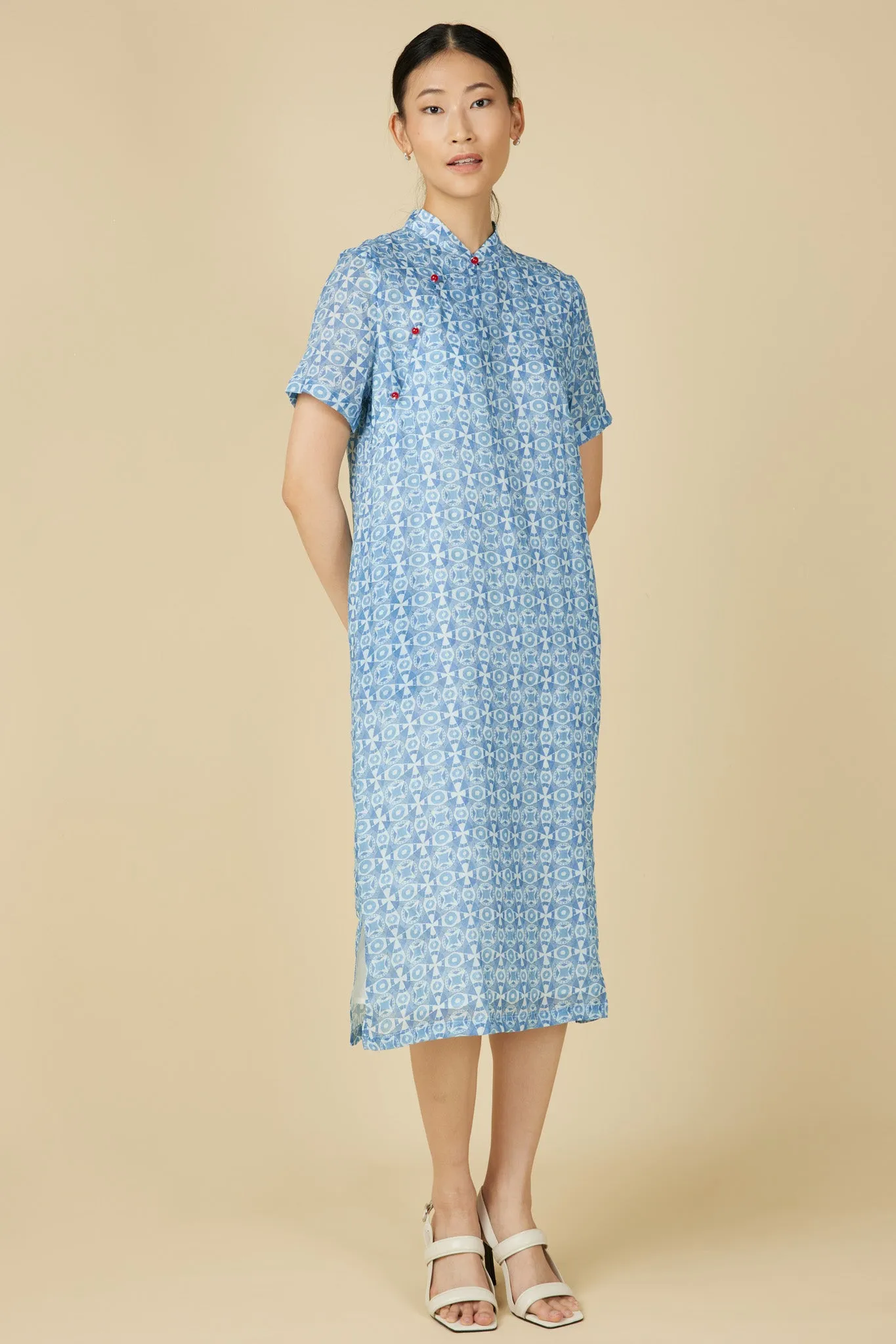 Short Sleeve Cheongsam Dress - Geometric