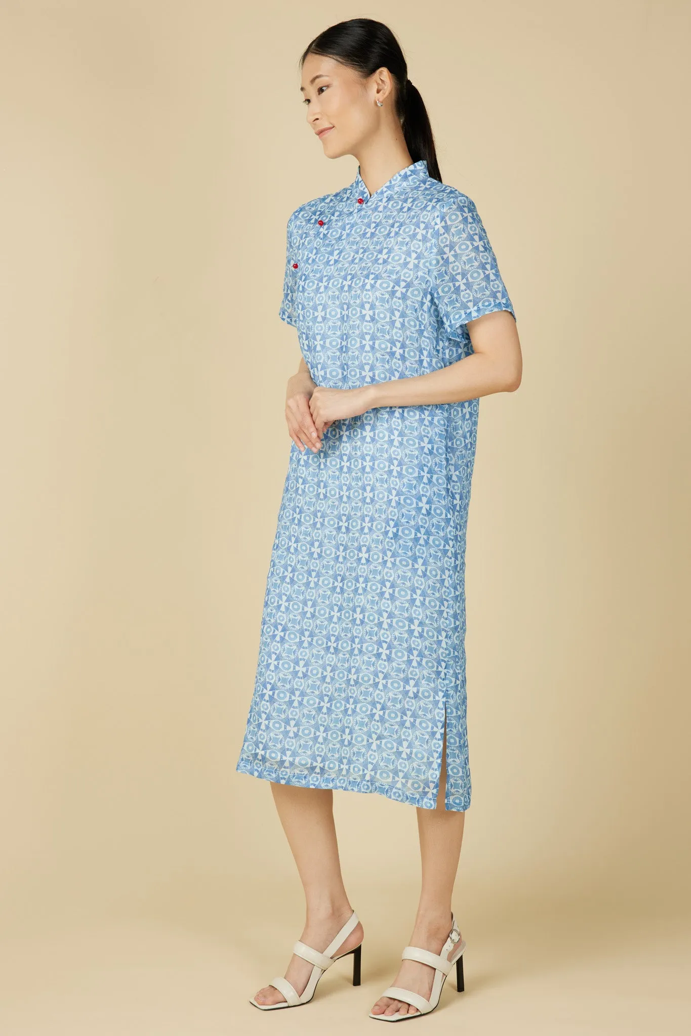 Short Sleeve Cheongsam Dress - Geometric