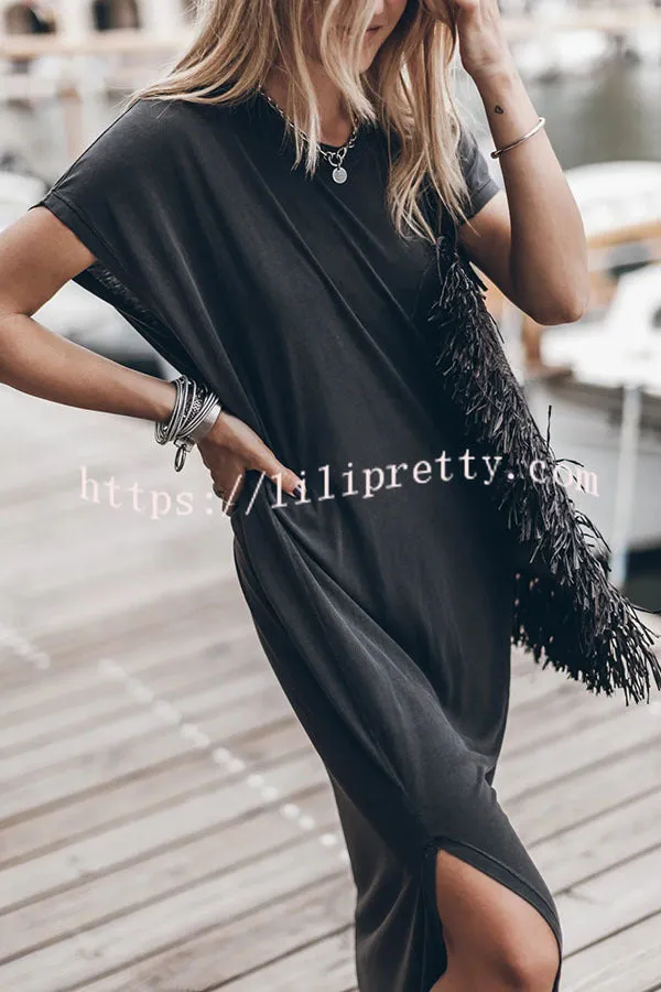 Simple and Effortless Open Sleeve Slit Oversized T-shirt Midi Dress