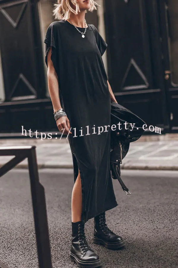 Simple and Effortless Open Sleeve Slit Oversized T-shirt Midi Dress