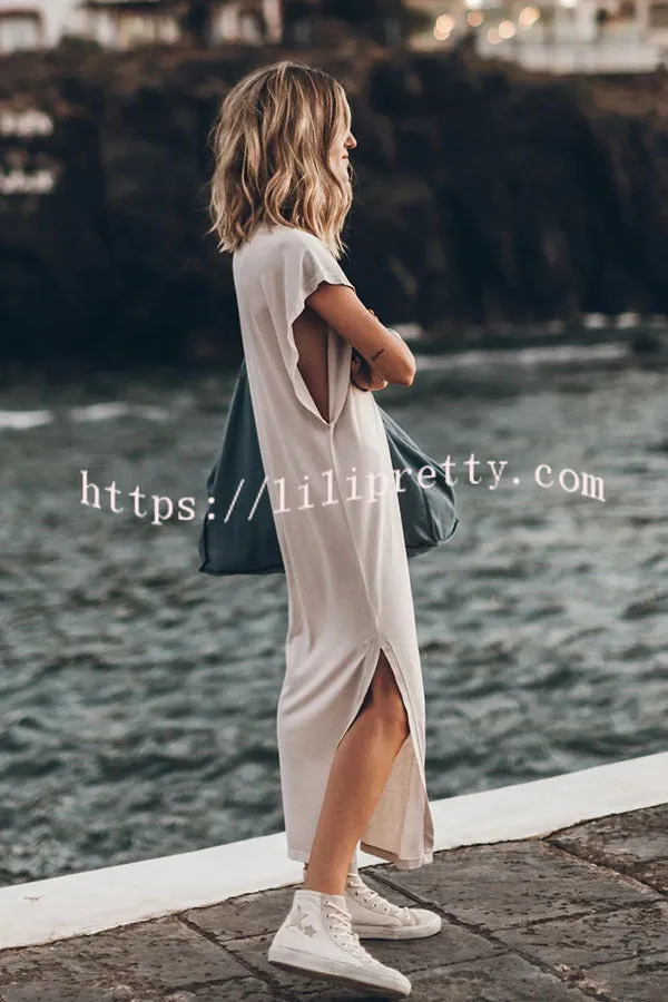 Simple and Effortless Open Sleeve Slit Oversized T-shirt Midi Dress