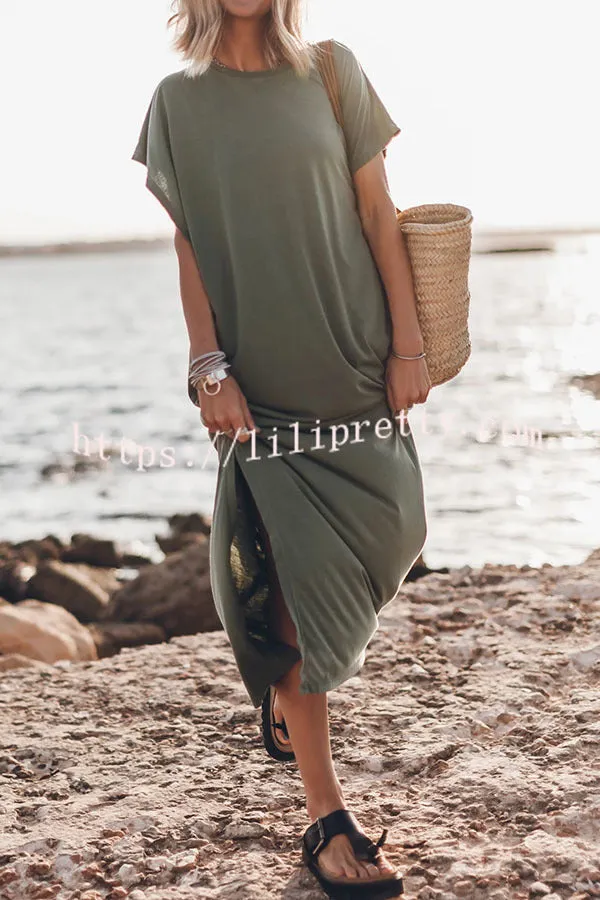 Simple and Effortless Open Sleeve Slit Oversized T-shirt Midi Dress