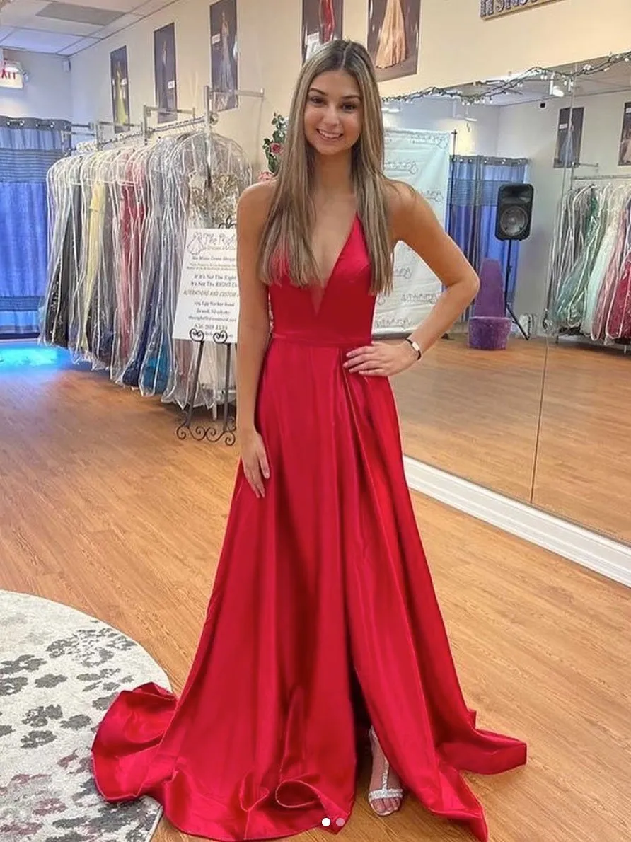 Simple red v neck satin long prom dresses, women split formal evening dress