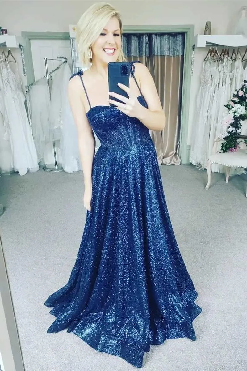 Sparkly Navy Blue Sequin Tie-Strap A-Line Prom Dresses Long