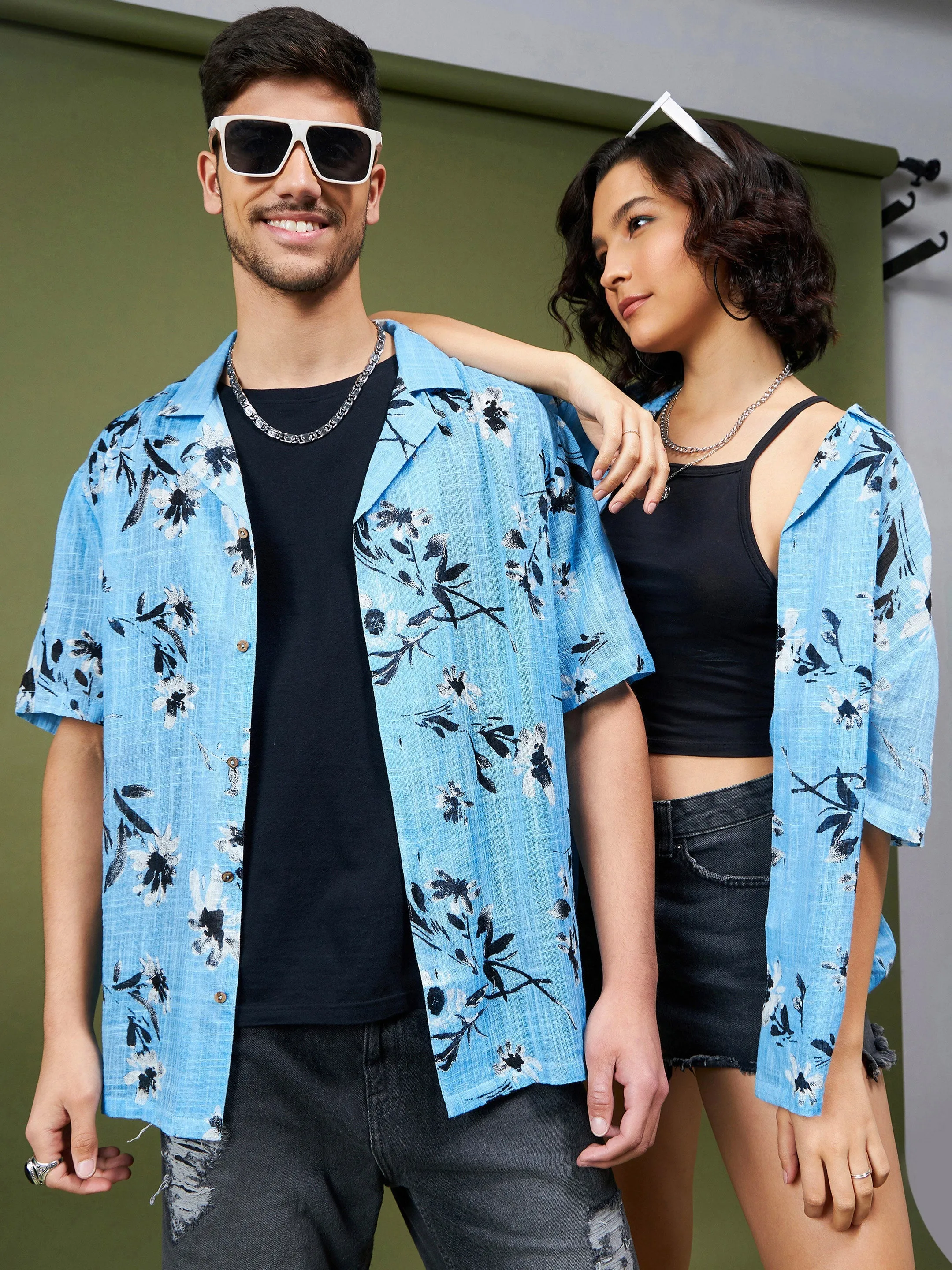 Unisex Sea Green & Black Floral Relax Fit Shirt