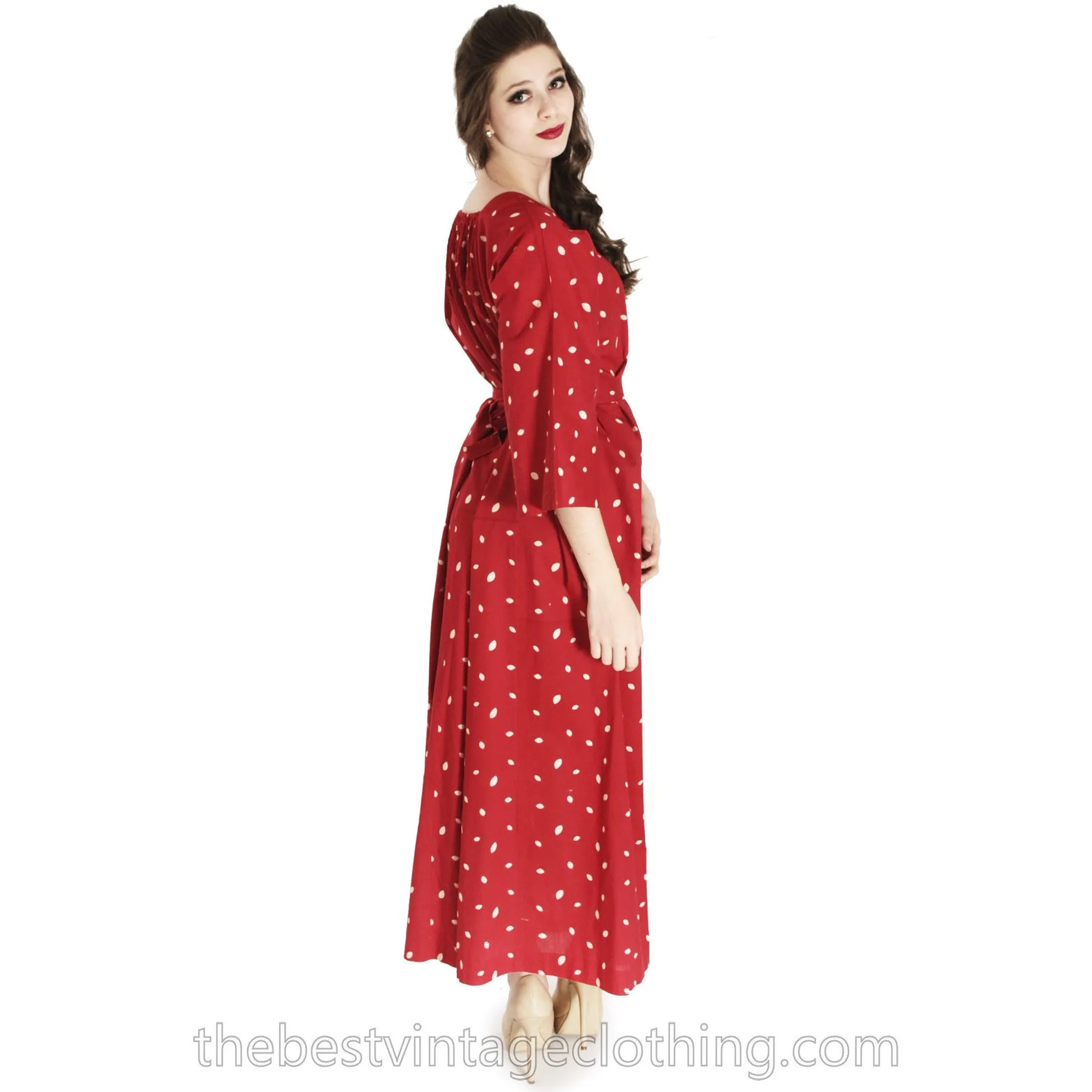 Vintage 1974 Marimekko Red Polka Dot Maxi Dress Designer Small Cotton