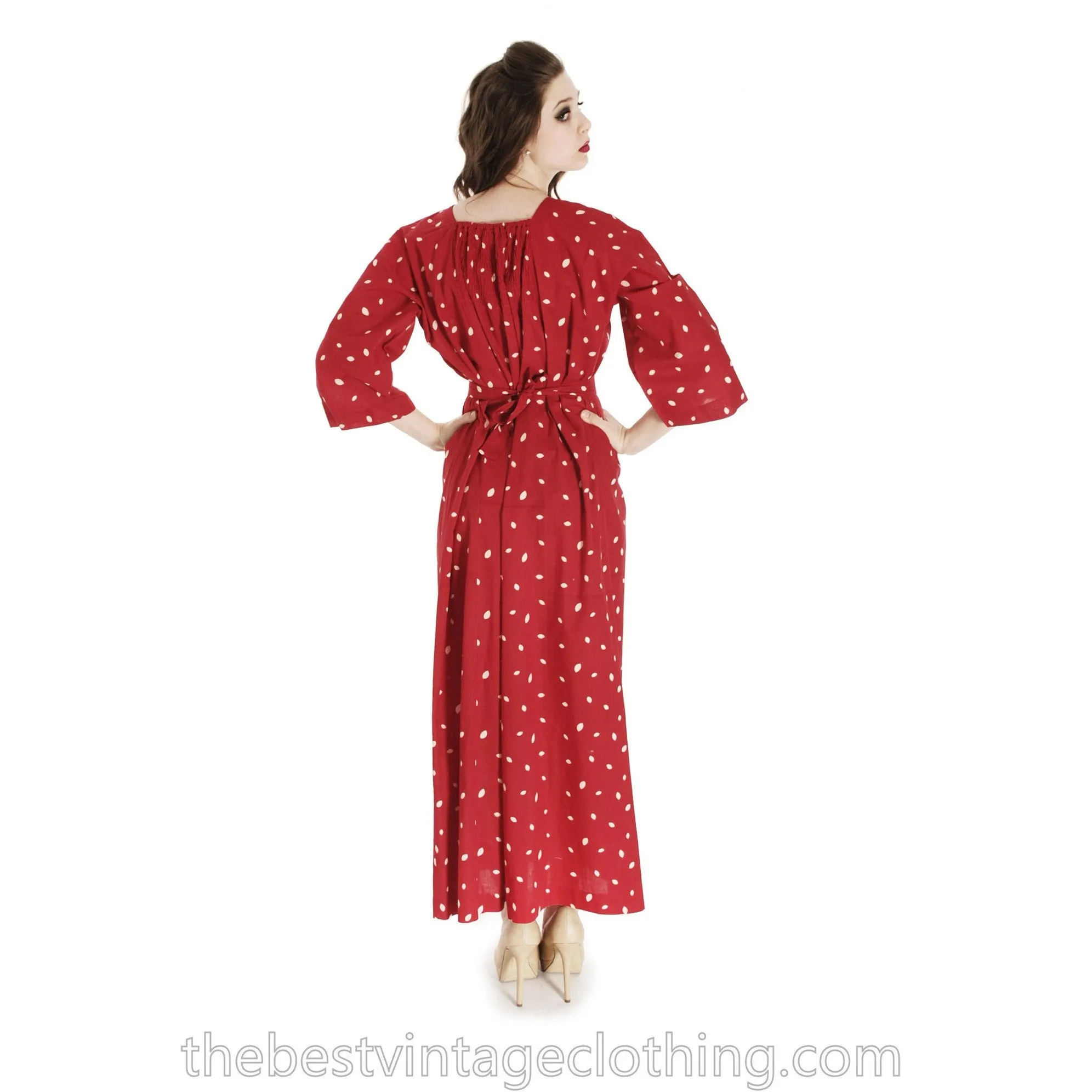 Vintage 1974 Marimekko Red Polka Dot Maxi Dress Designer Small Cotton