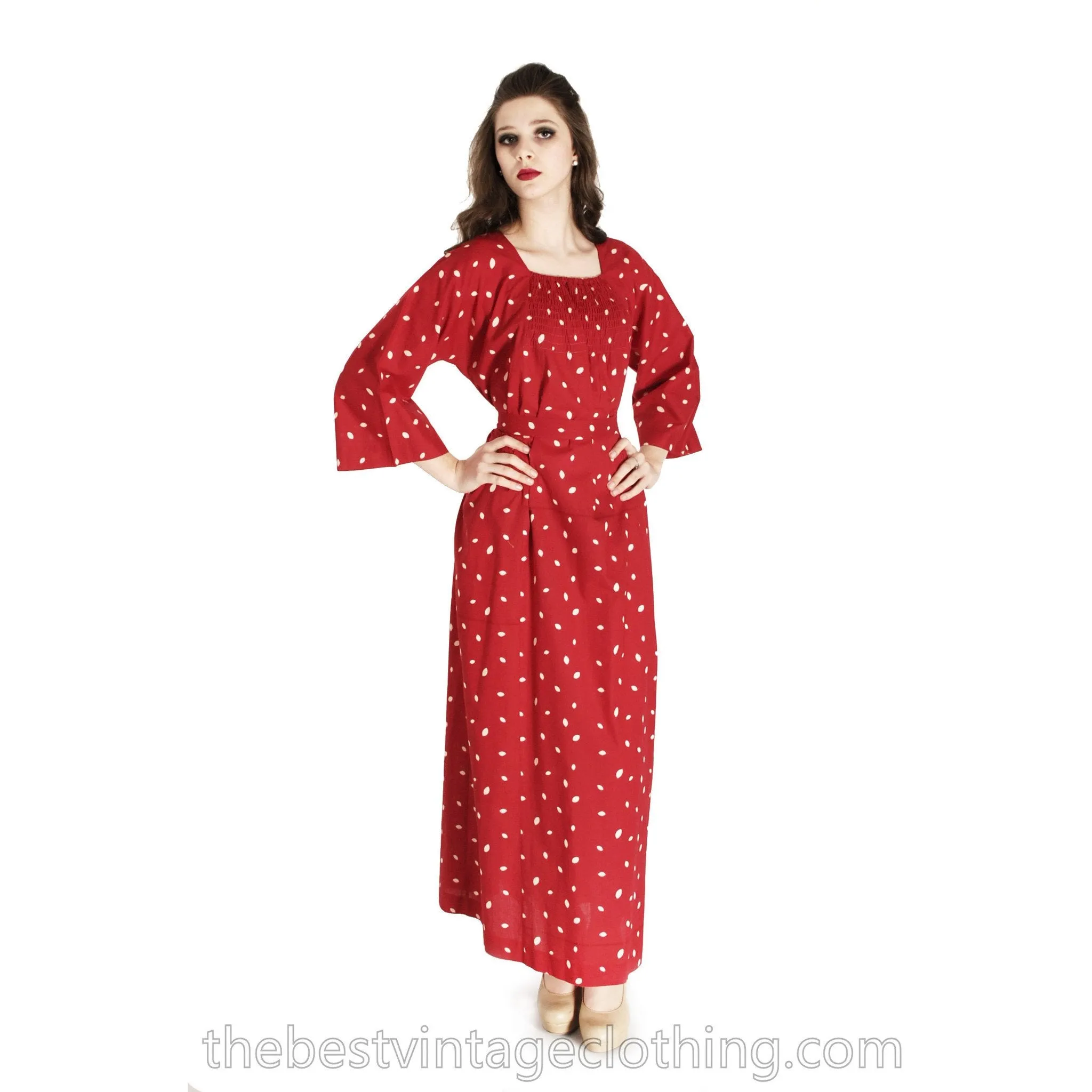 Vintage 1974 Marimekko Red Polka Dot Maxi Dress Designer Small Cotton