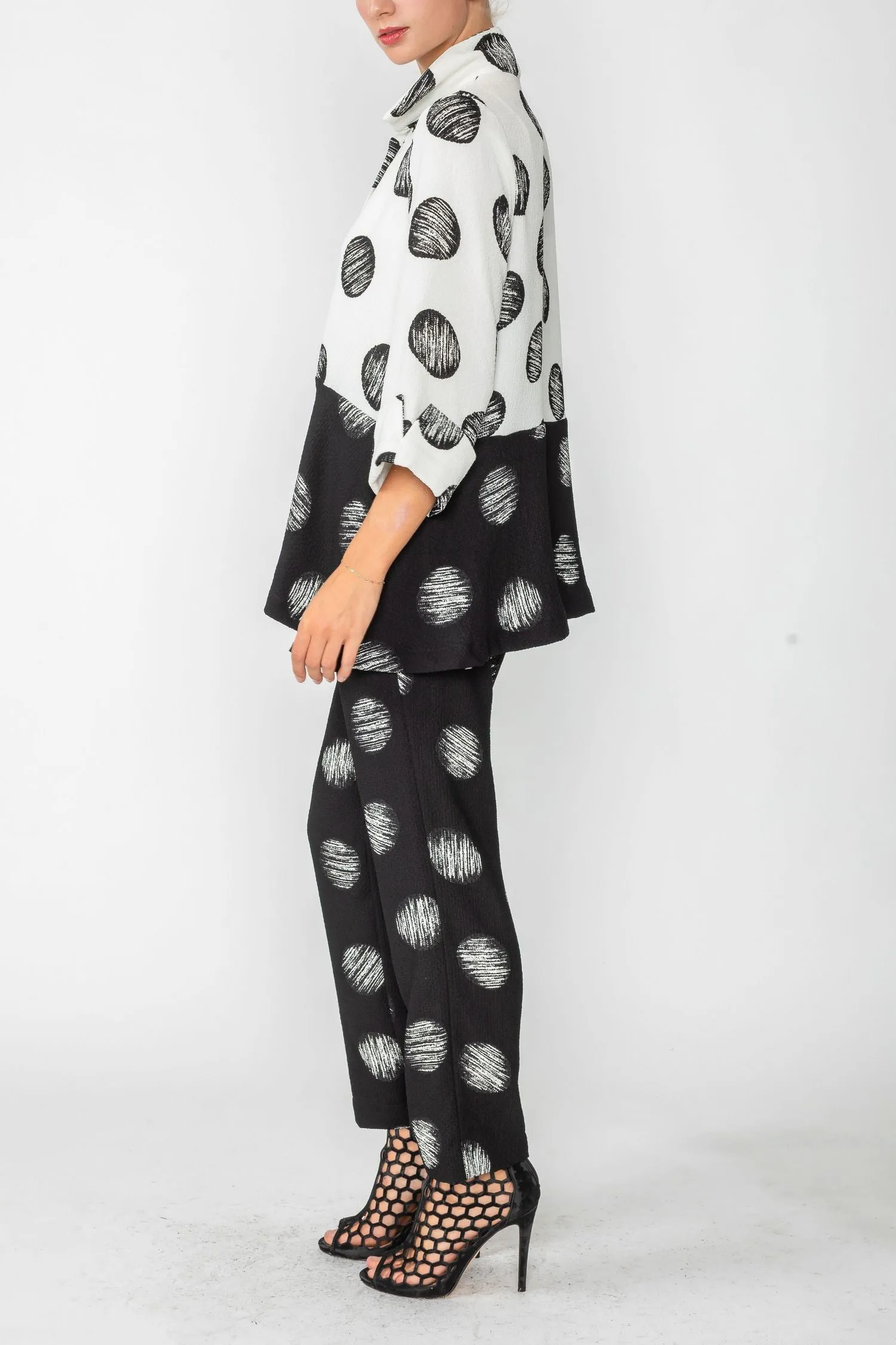 White and Black A-Line Polka Dot Shirt