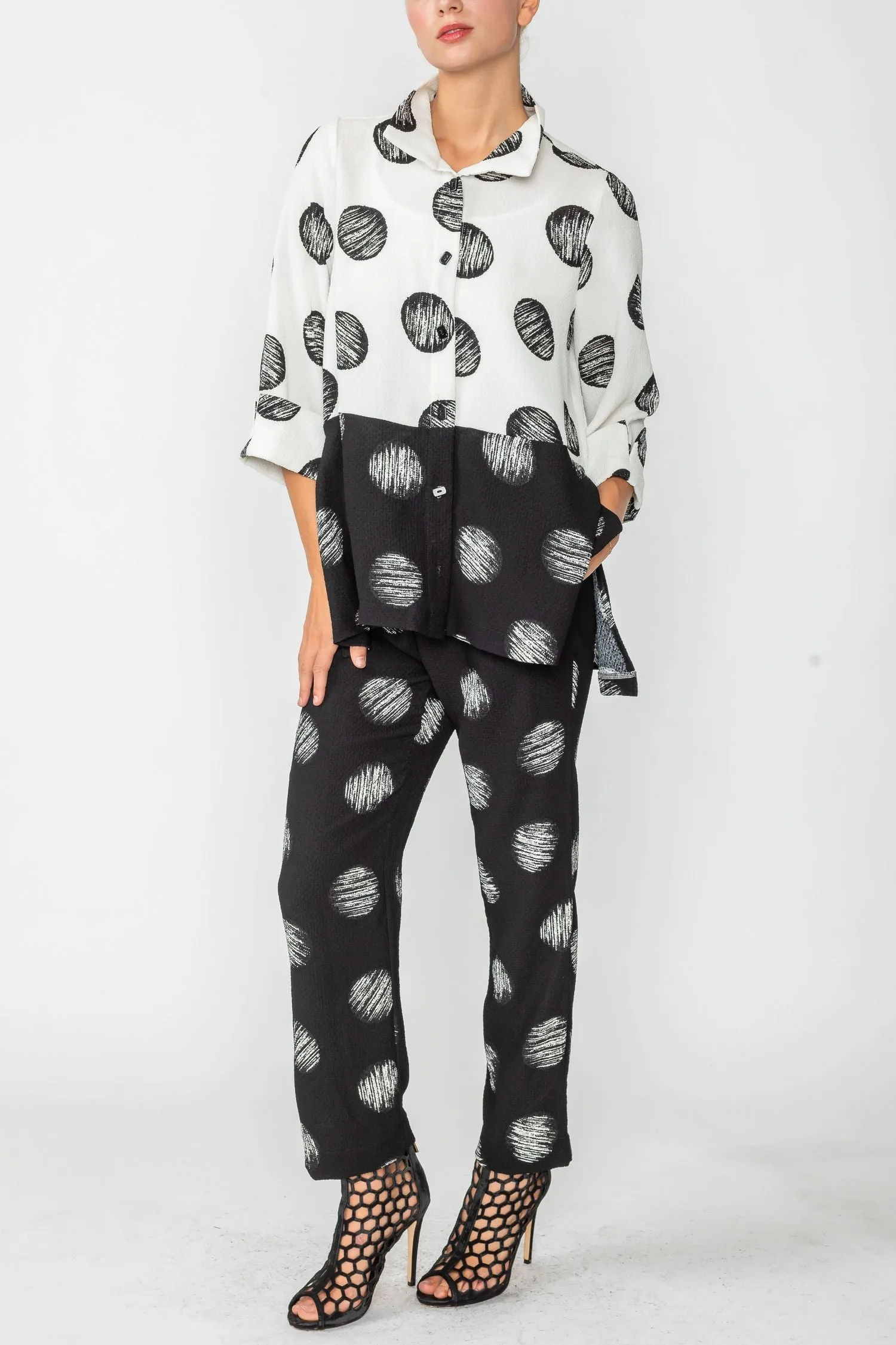 White and Black A-Line Polka Dot Shirt