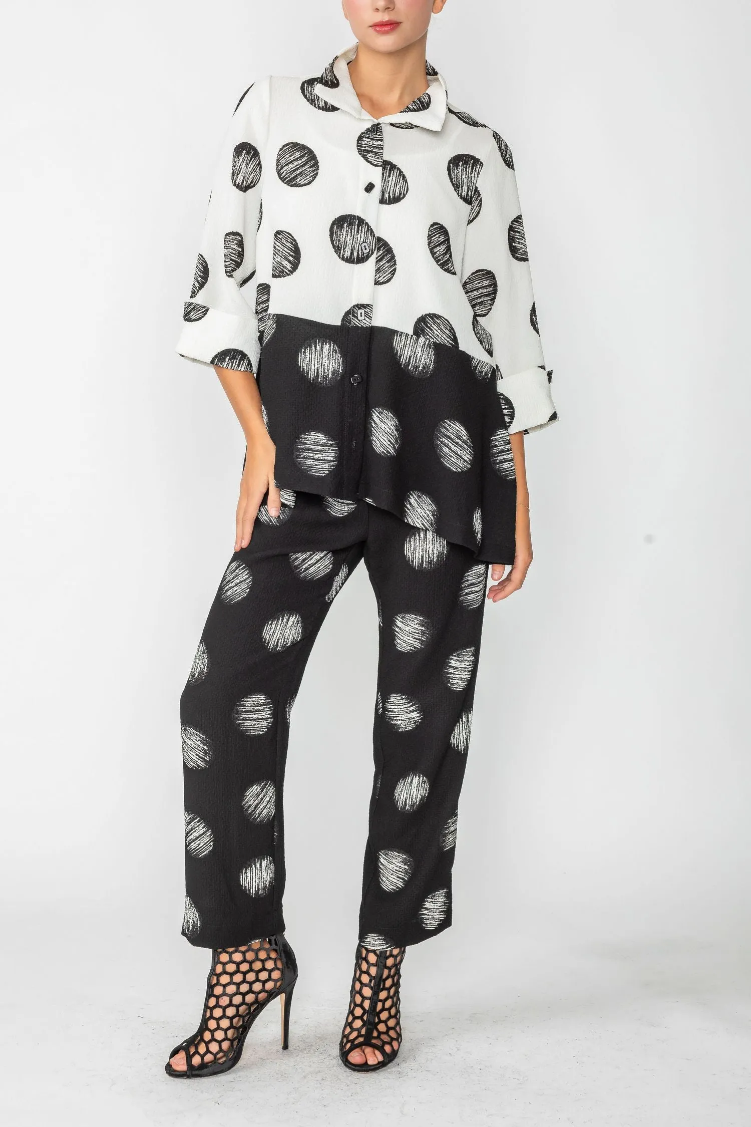 White and Black A-Line Polka Dot Shirt