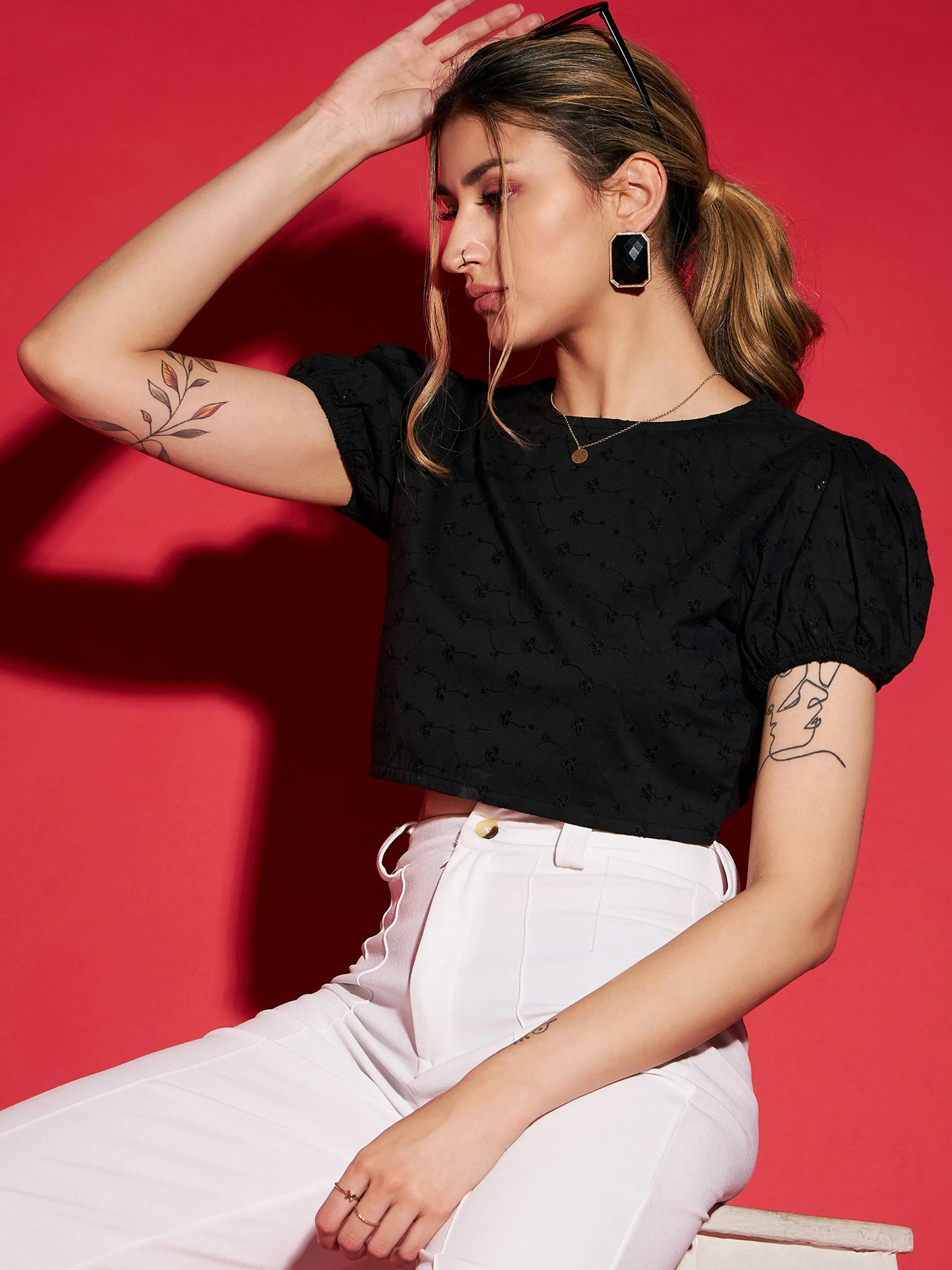 Women Black Schiffli Back Dori Detail Crop Top