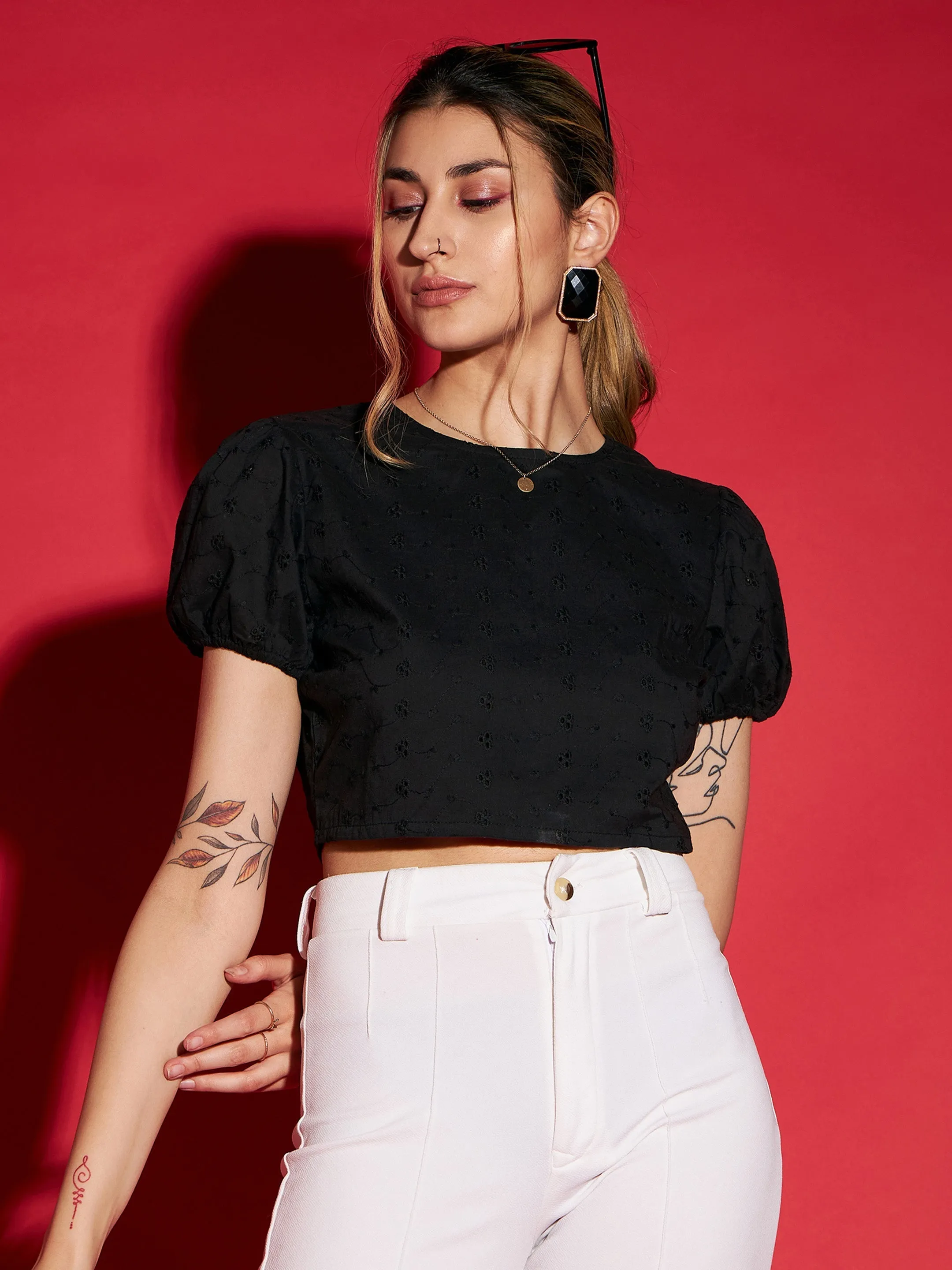 Women Black Schiffli Back Dori Detail Crop Top