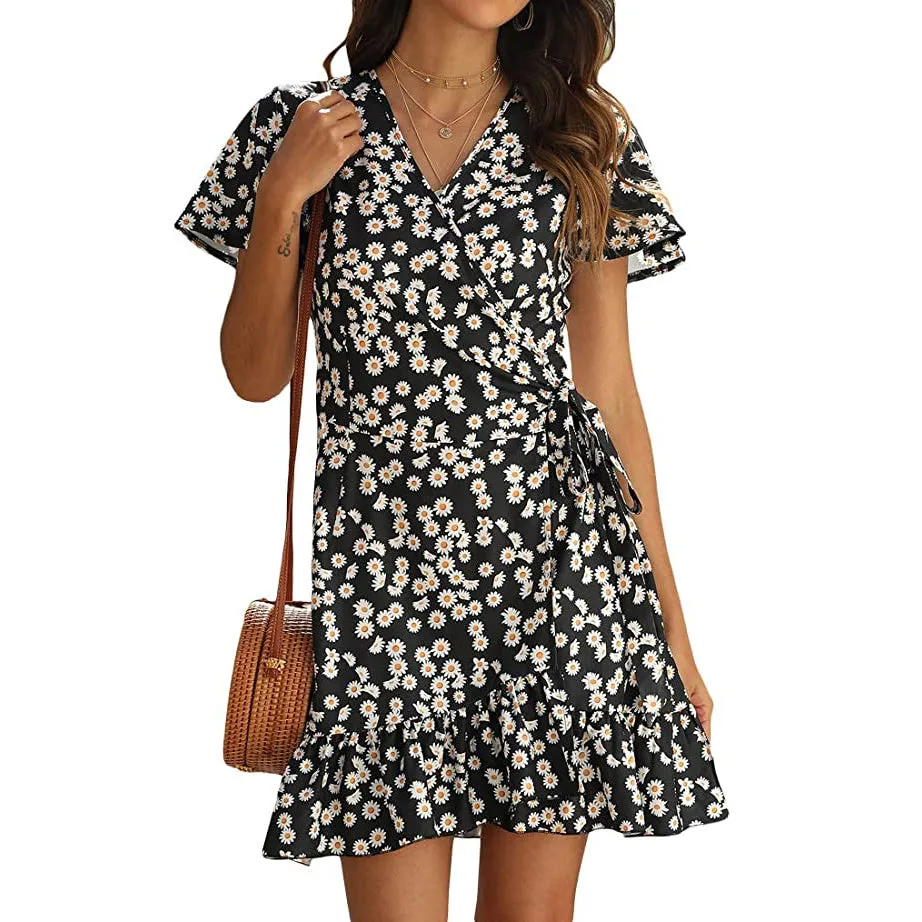 Women's Summer Wrap V Neck Polka Dot Dress