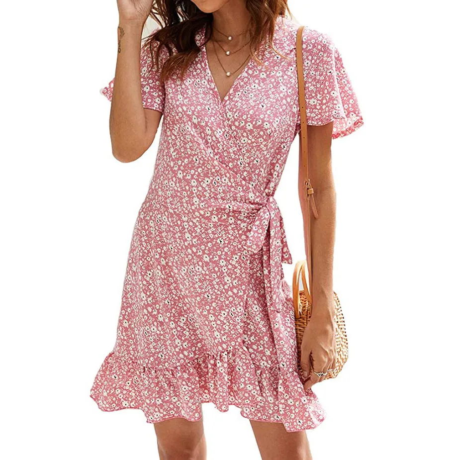 Women's Summer Wrap V Neck Polka Dot Dress