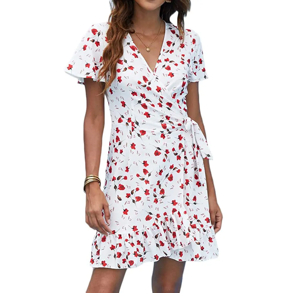 Women's Summer Wrap V Neck Polka Dot Dress