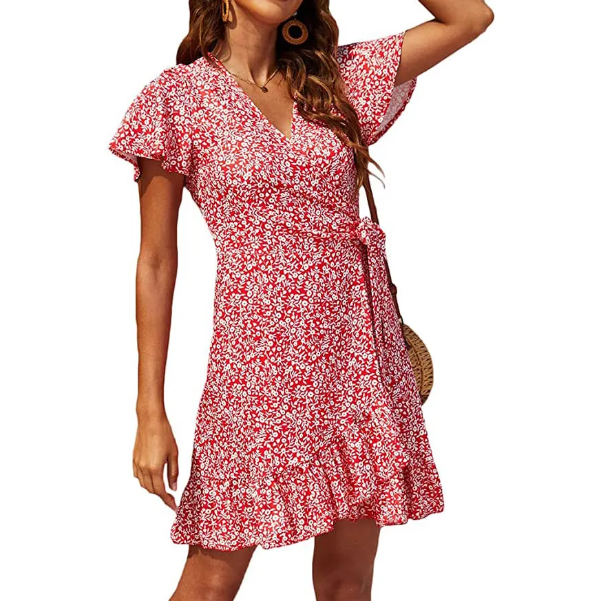 Women's Summer Wrap V Neck Polka Dot Dress